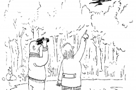 A cartoon of two birdwatchers who see something strange in the sky